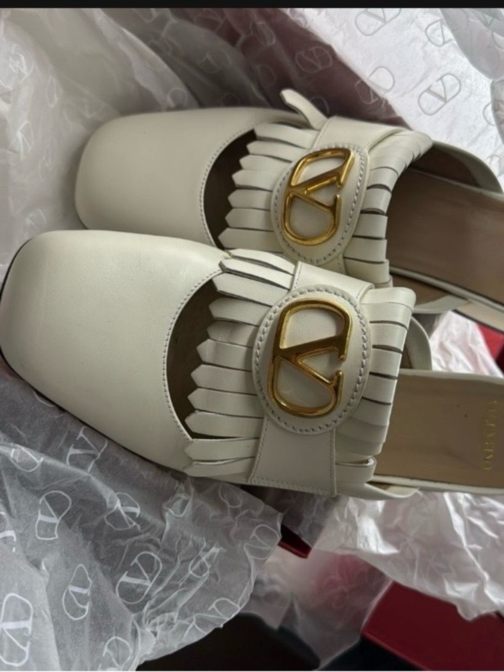 Valentino Cream Leather Fringe Mules with Gold Logo